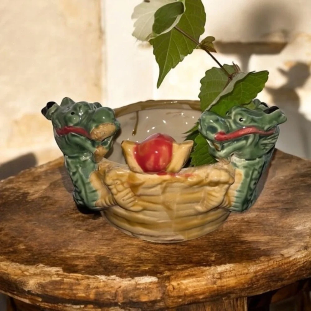 Vintage Majolica style Chinese dragon Pottery planter bowl